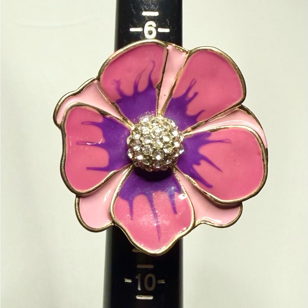 Vintage Large Flower Ring Pink Purple Enamel on Gold Rhinestone Cluster Stretch